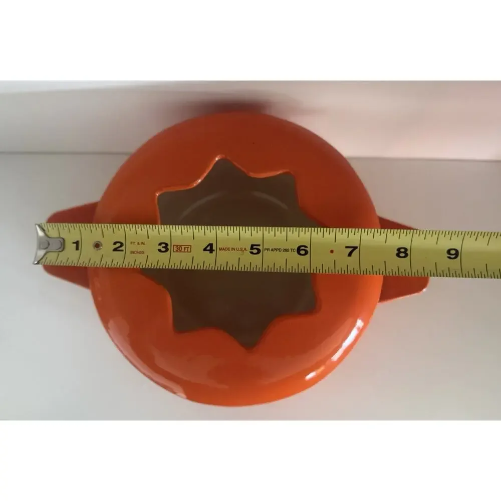 Vintage Orange Enameled Cast Iron Fondue Pot Star Shaped Open Lid Retro MCM